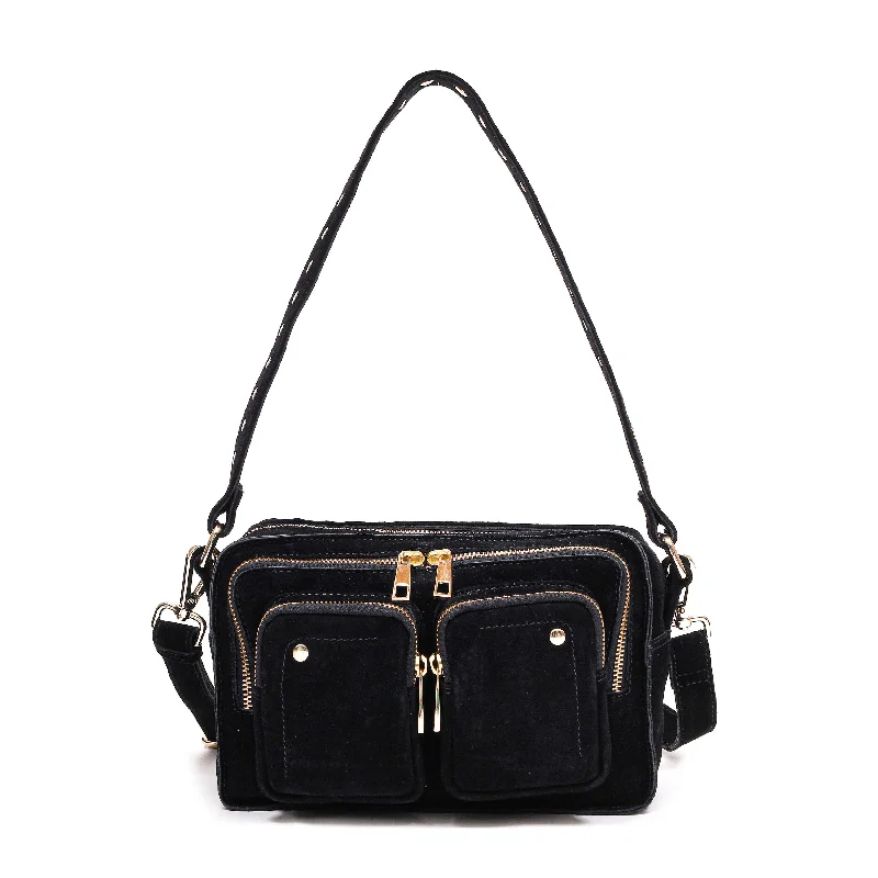 Trendy Bags For Sales Ellie Italian Suede Black w. Gold Chic Shoulder Bags At Promotional Rates Trendy Bags For Sales Ellie Italian Suede Black w. Gold Chic Shoulder Bags At Promotional Rates