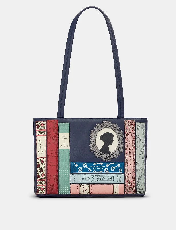 Premium Style Jane Austen Bookworm Navy Leather Shoulder Bag Stylish Totes, Special Discounts