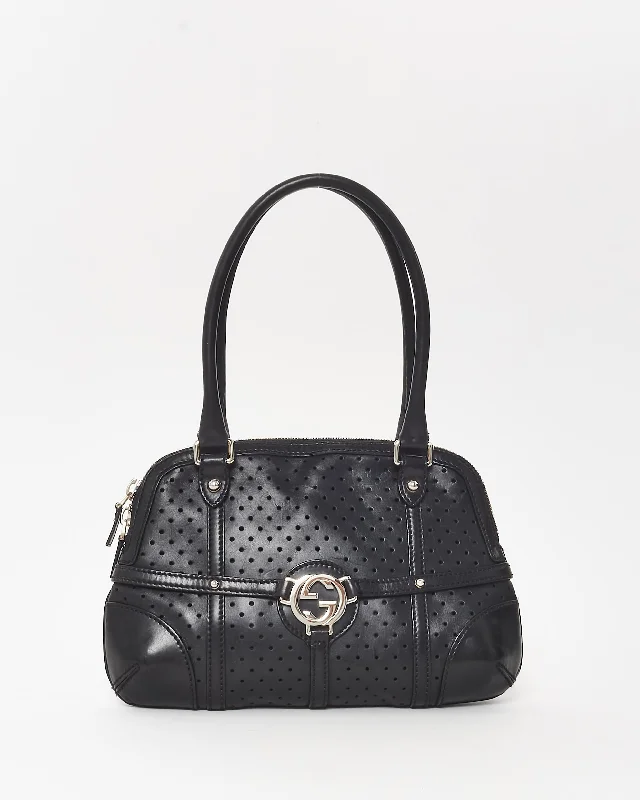 Luxury Fashion Gucci Vintage Black Perforated Leather Interlocking GG Reins Shoulder Bag Handbag Deals You'll Love
