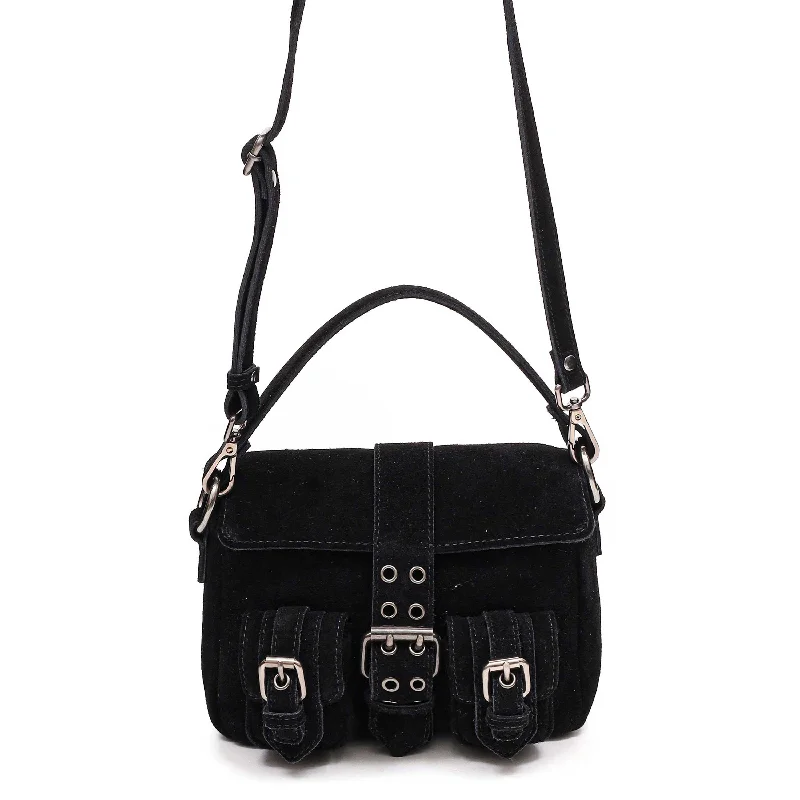 Crazy Price Slashing Honey Buckle Suede Black Designer Bags At Lower Prices