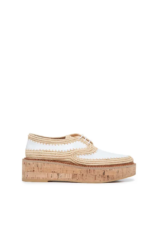 Louis Brogue in White Leather & Natural Raffia Designer Bags, Low Prices