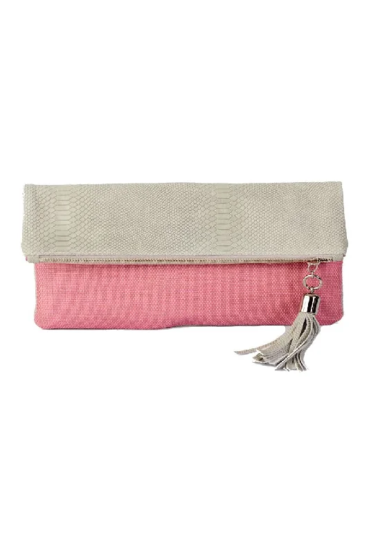 Cece Grey Embossed Lizard Reversible to Raspberry Raffia Sleek And Stylish Handbags At Lower Prices