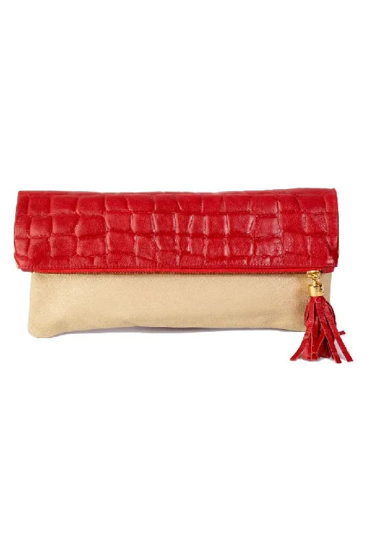 Cece Italian Red Croc Reversible to Metallic Champagne Suede Foldover Clutch Stylish Bags, Unbeatable Prices Cece Italian Red Croc Reversible to Metallic Champagne Suede Foldover Clutch Stylish Bags, Unbeatable Prices