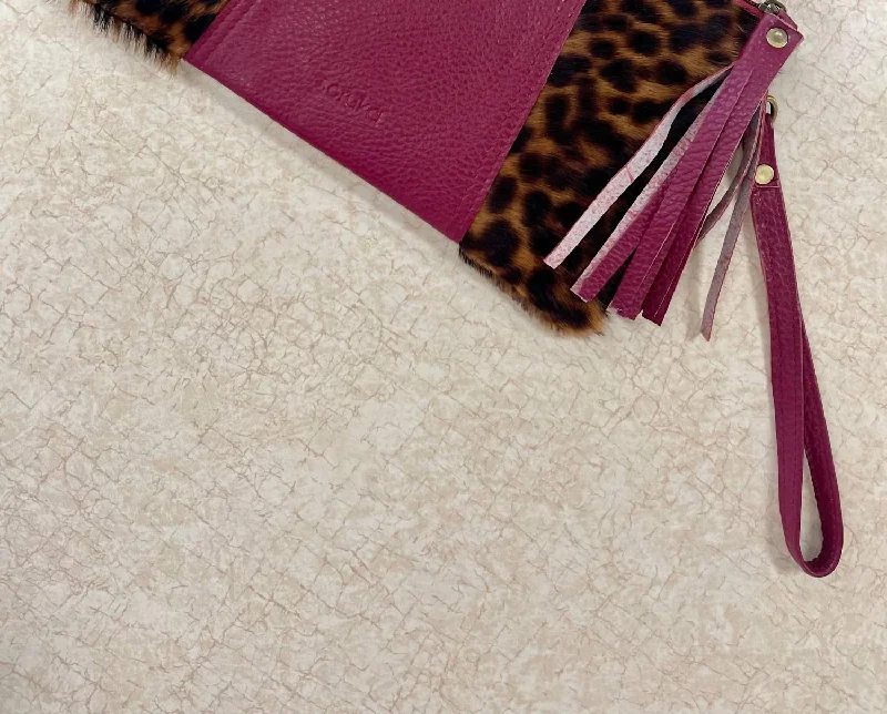 Jenna Print Leather Wristlet In Burgundy/leopard Classic And Modern Handbags Now More Affordable