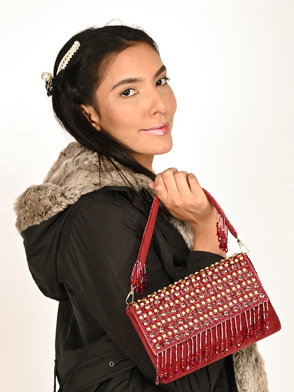 Odette Maroon Embroidered Tasseled Bridal Clutch For Women Must-Have Bags, Big Discounts Odette Maroon Embroidered Tasseled Bridal Clutch For Women Must-Have Bags, Big Discounts