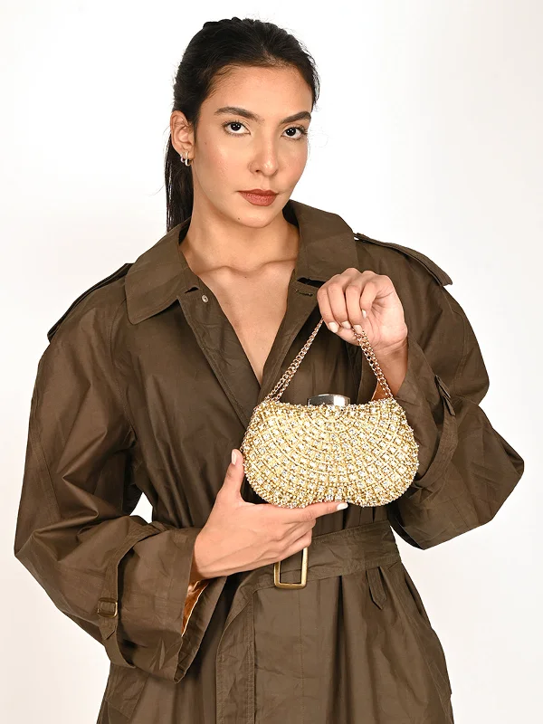 Odette Metallic Gold Metal Clutch For Women Stylish And Durable Handbags At Great Value