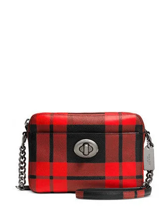 Festival Bags For Concerts And Events Coach Turnlock Camera Bag in Plaid Print Leather Trendy Purses At Exclusive Promotional Rates