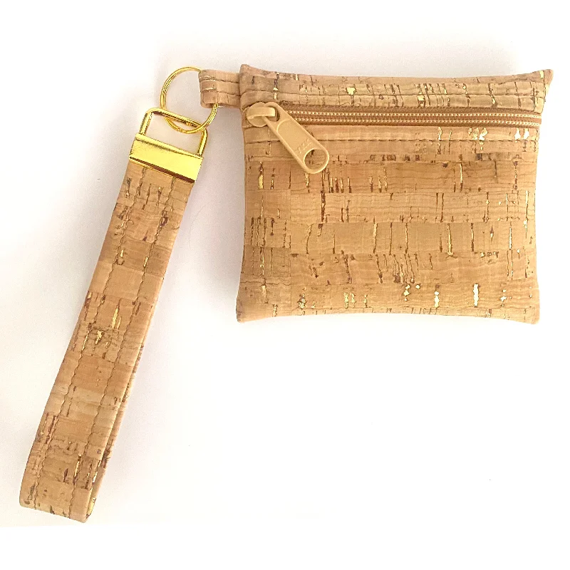 BE ORGANIZED | Wristlet Key Chain Pouch | Gold Flecked Cork Timeless Bags, Flash Sale