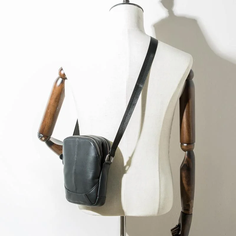 Black Leather Mens Small Vertical Messenger Bag Postman Bag Small Courier Bag for Men Trendy Purses With Limited-Time Offers