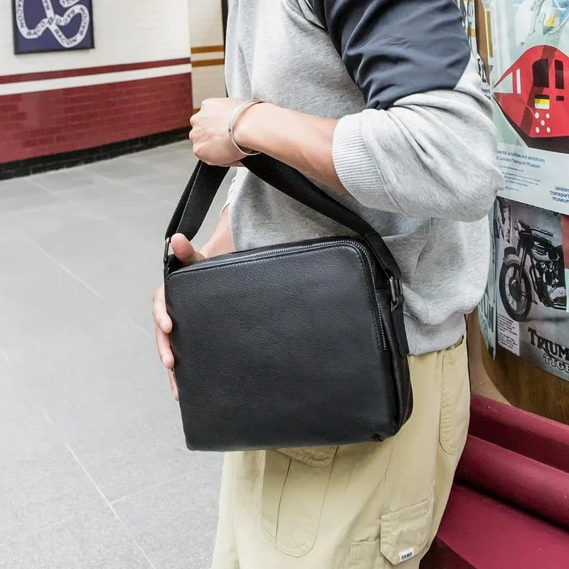 Black Cool Leather Mens 10 inches Side Bag Postman Bag Black Black Messenger Bags Courier Bag for Men Elegant Bags With Limited Stock Available