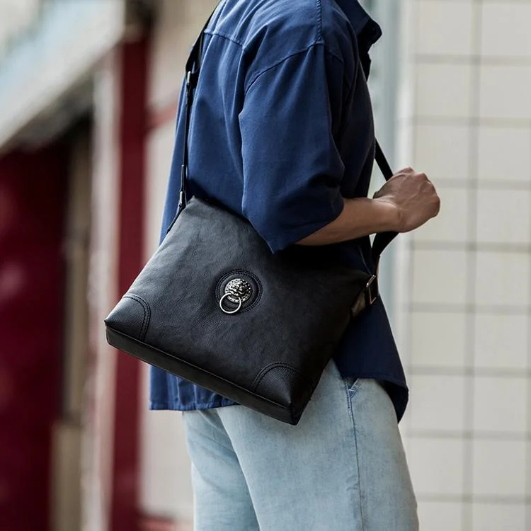 Black Cool Leather Mens 10 inches Vertical Courier Bag Postman Bag Black Cross Messenger Bags Side Bag for Men Everyday Elegance At Special Prices