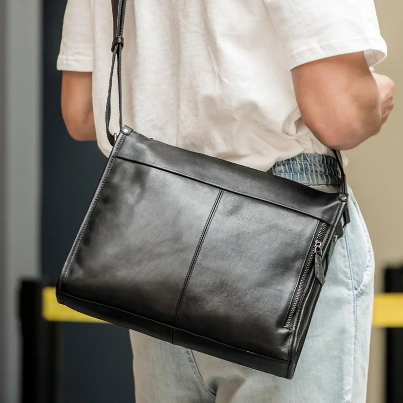 Fashion Black Leather Mens 12 inches Side Bag Messenger Bags Black Postman Bag Courier Bag for Men Your Perfect Bag At The Perfect Price
