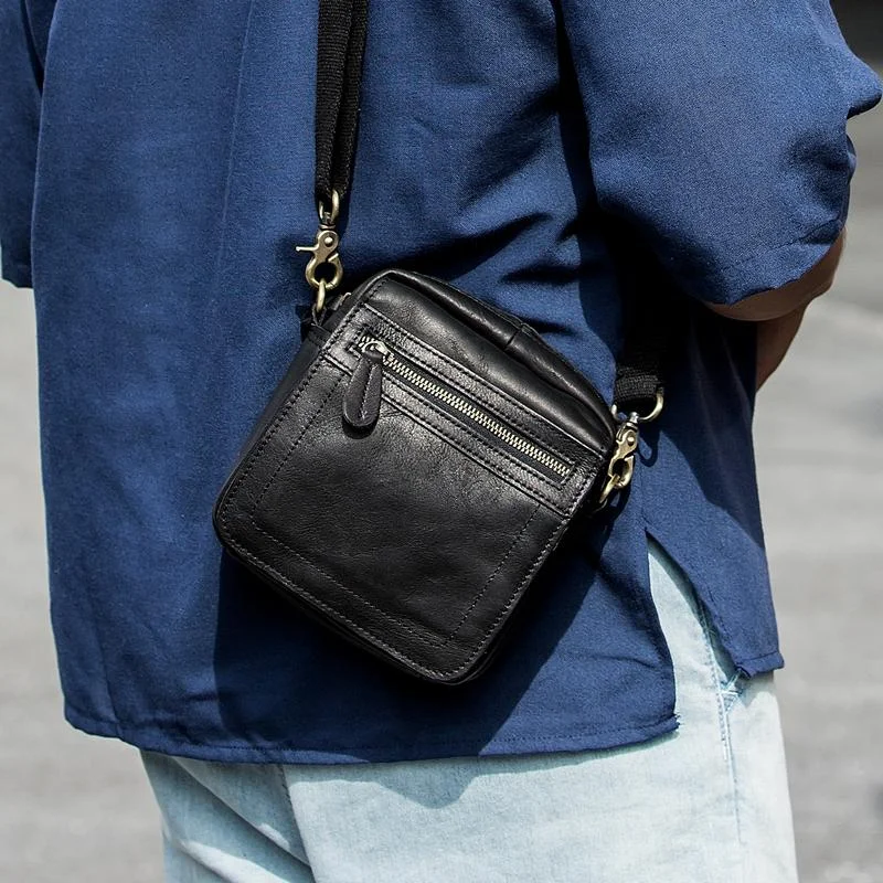 Black Mini Leather Mens Phone Bag Black Small Postman Bag Messenger Bags Side Bag for Men Trendy Totes, Shop & Save