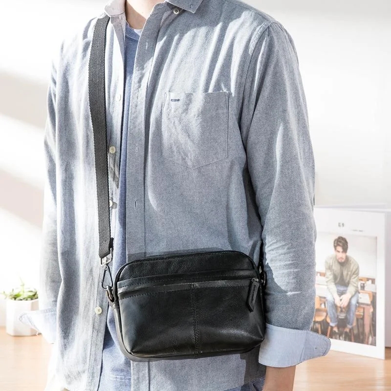 Fashion Black Small Leather Mens Side Bag Black Mini Courier Bag Messenger Bags POstman Bag for Men High-End Bags, Low-End Prices