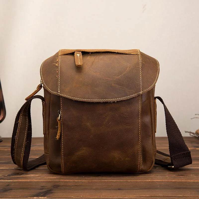 Vintage Brown Leather Men's Small Vertical Side Bag Small Messenger Bag For Men Premium Handbags At Exclusive Prices