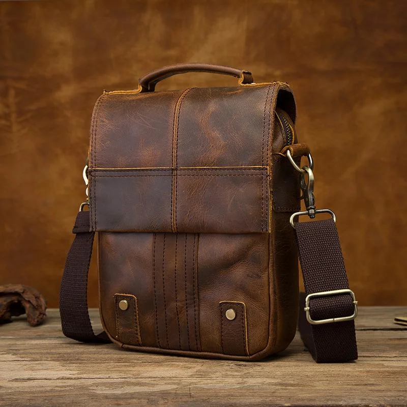 Vintage Brown Leather Mens Small Vertical Side Bags Courier Bag Messenger Bag For Men Designer-Inspired Bags, Best Prices