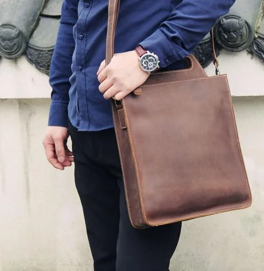 Cool Mens Brown Coffee Handbag Genuine Leather Cool Vintage Shoulder Bag for Men Iconic Fashion Bags At Unbeatable Savings