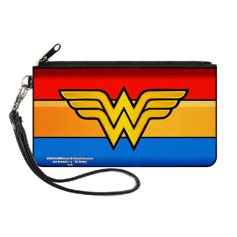 Canvas Zipper Wallet - SMALL - Wonder Woman Logo Stripe Red Yellows Blue Trendy Purses, Limited Offer