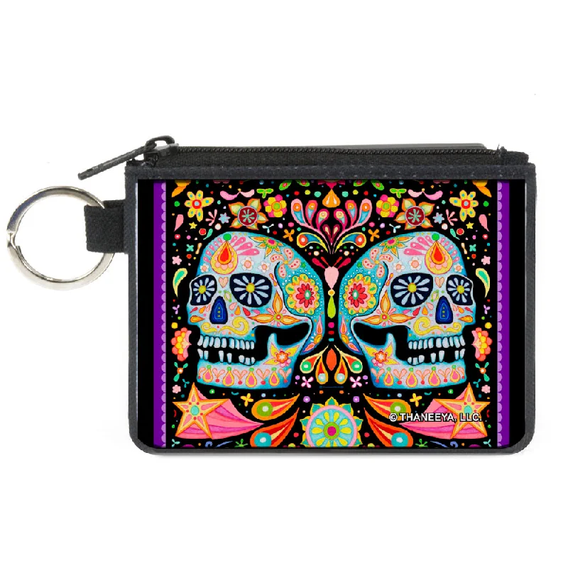 Canvas Zipper Wallet - MINI X-SMALL - Twin Calaveras Floral Collage Black Multi Color Upgrade Your Look With Our Bag Sale