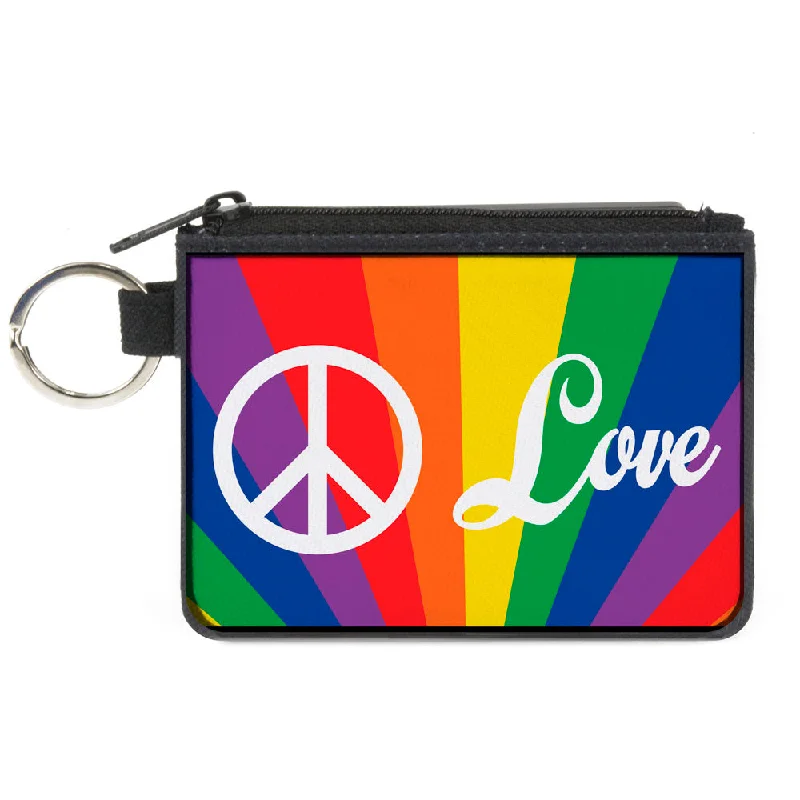 Canvas Zipper Wallet - MINI X-SMALL - PEACE and LOVE Rainbow Rays Multi Color White Iconic Handbags At Budget-Friendly Prices