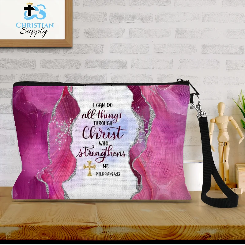 I Can Do All Things Through Christ Who Strengthens Me Pink Wristlet Luxury Totes At The Lowest Prices Of The Season