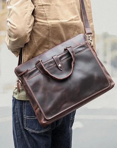 Vintage Dark Brown Mens Leather Briefcase Work Handbags Black 14'' Computer Briefcases For Men Limited-Time Handbag Sale