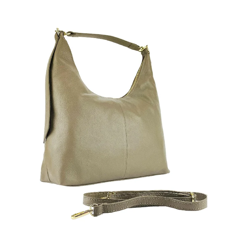 RB1017AQ | Soft women's shoulder bag  with single handle and removable shoulder strap. Attachments with shiny gold metal snap hooks - Taupe color The Best Handbag Sale Of The Season